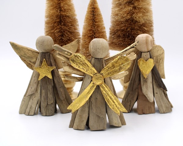 6.5" Driftwood Angels with Gold Heart, Star, Bow, 3 assorted CM3215A