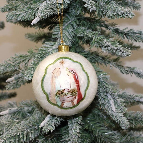 4" Handpainted Capiz Ornament, Woodland Holy Family, 2 assorted ©Haley Bush HBX1350A