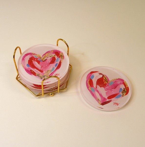 Set/4 4" Acrylic Coasters in Metal Stand, Hearts ©Haley Bush HB2104S
