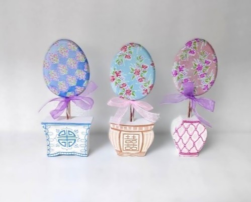 3x7.5-8" Egg Topiary, MDF Pot with Metal Eggs, 3 assorted ©Haley Bush HB2107A